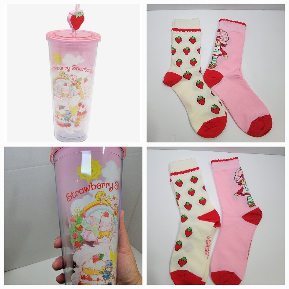 STRAWBERRY SHORTCAKE Acrylic Pink Tumbler  w/Straw 20‎ oz New & 2 Pairs Of SOCKS